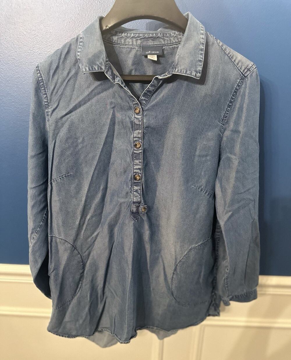 J. Jill Women's Blue Denim Solid Collared Button-Front Long Sleeve Blouse M